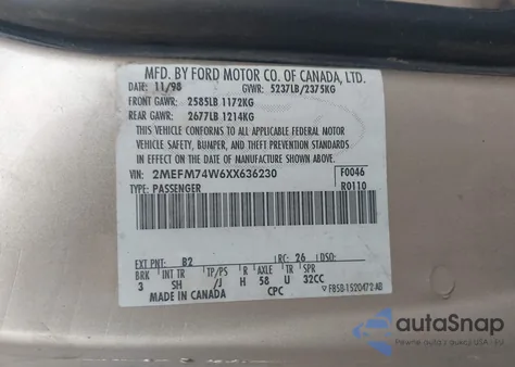 1999 Mercury Grand Marquis Gs из США, поврежденный, VIN 2MEFM74W6XX636230